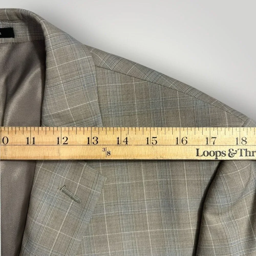 PRONTO UOMO Mens Blazer Sport Coat Two Button Jacket Tan/Blue Plaid 44R Wool